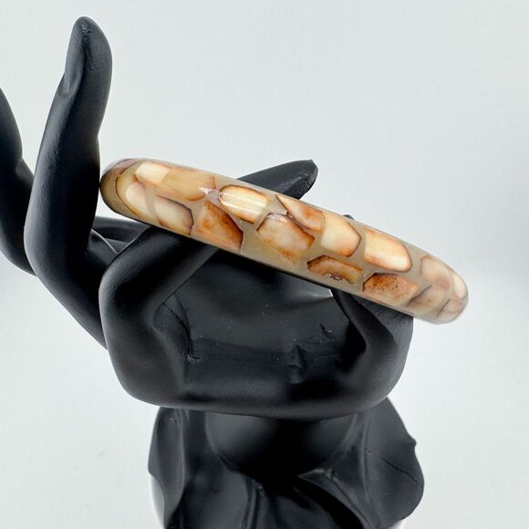 Vintage 1970s Mosaic Shell Inlay Bangle Brass Bracelet Boho Natural Earth Tone - Picture 1 of 10